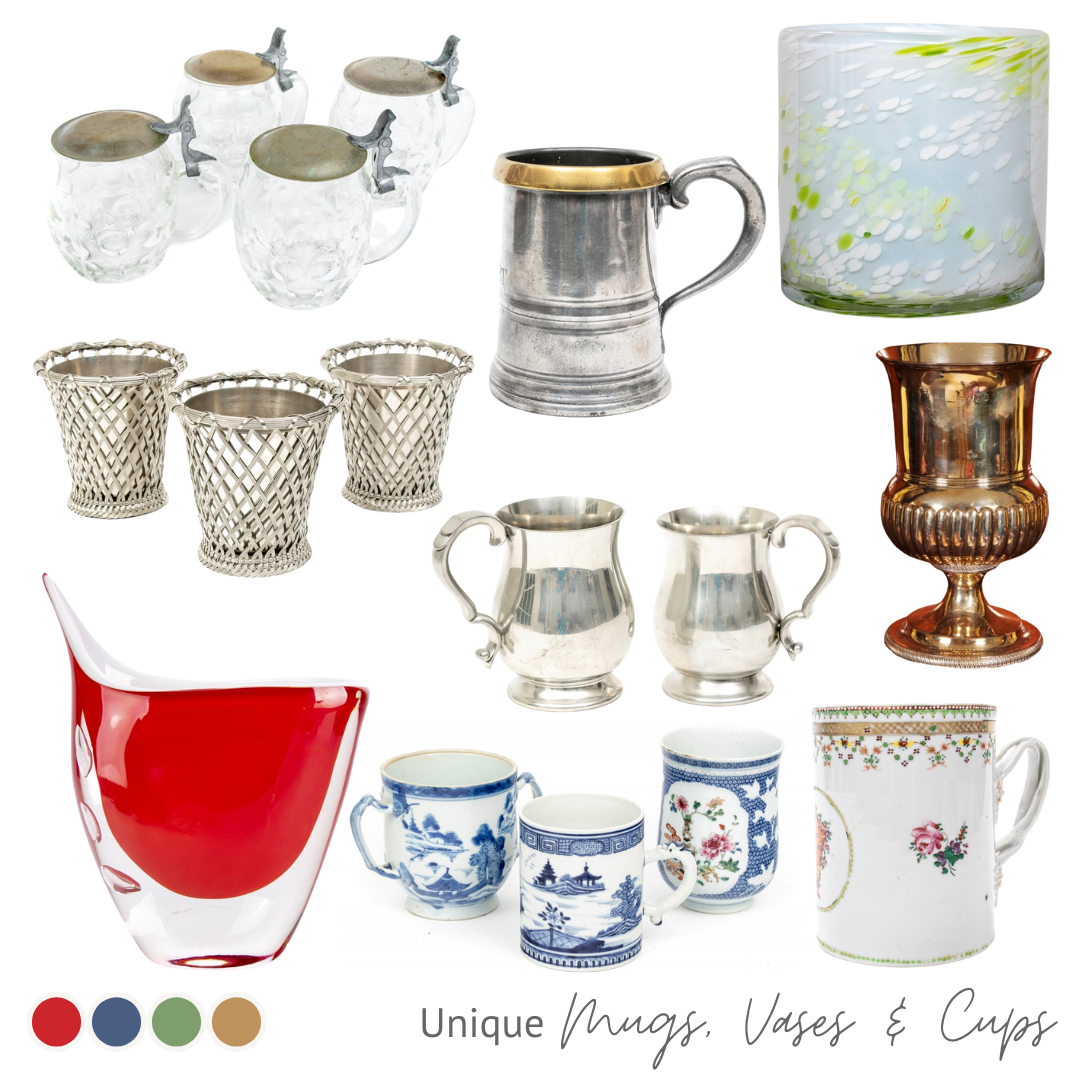 Vintage mugs, cups, vases, and urns are great for pencil holders and storage for office essentials like paperclips.